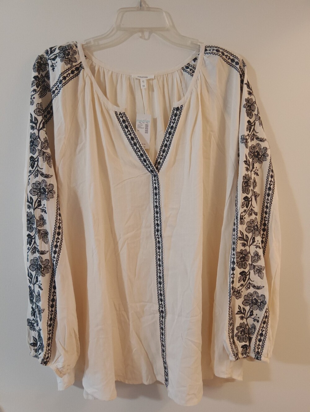 Maurices Cream V-Neck Top with Black Embroidery